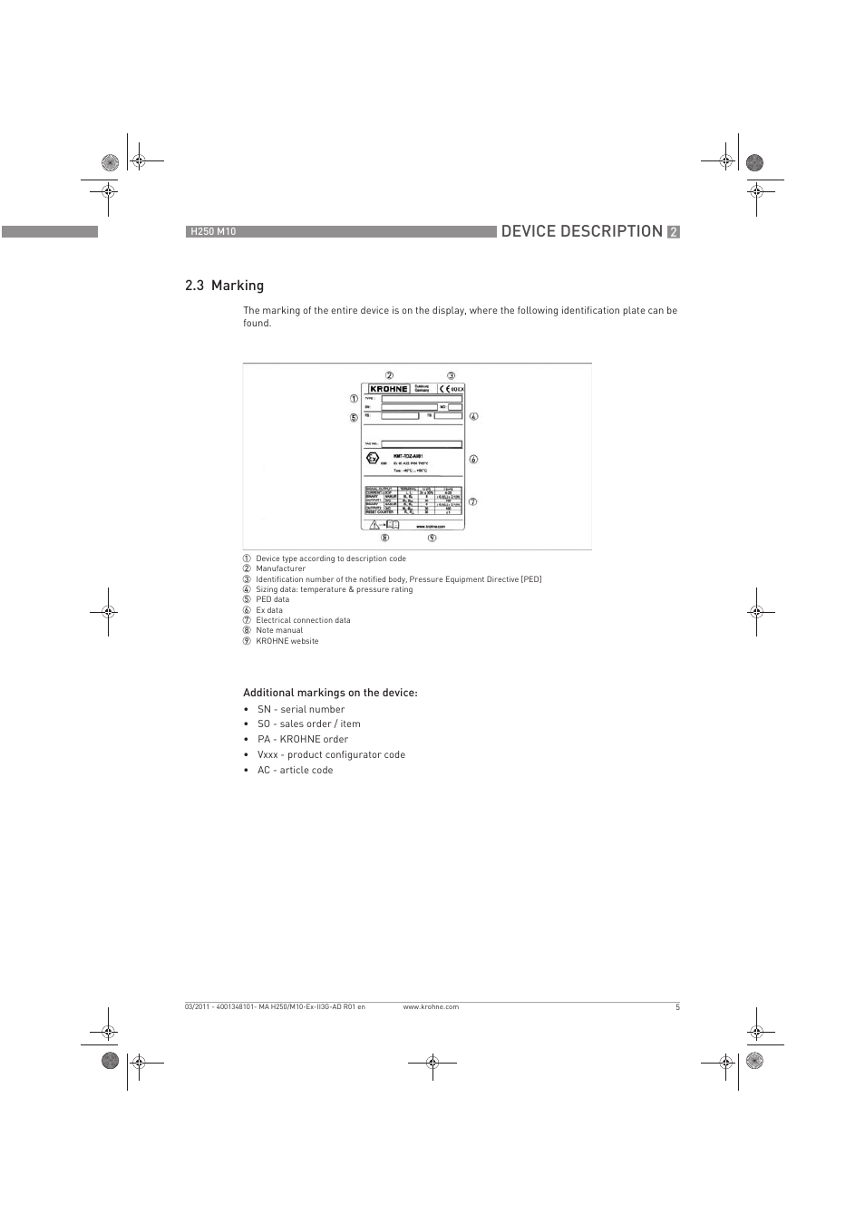 Device description, 3 marking | KROHNE H250 M10 ATEX II3D Ex t EN User Manual | Page 5 / 16