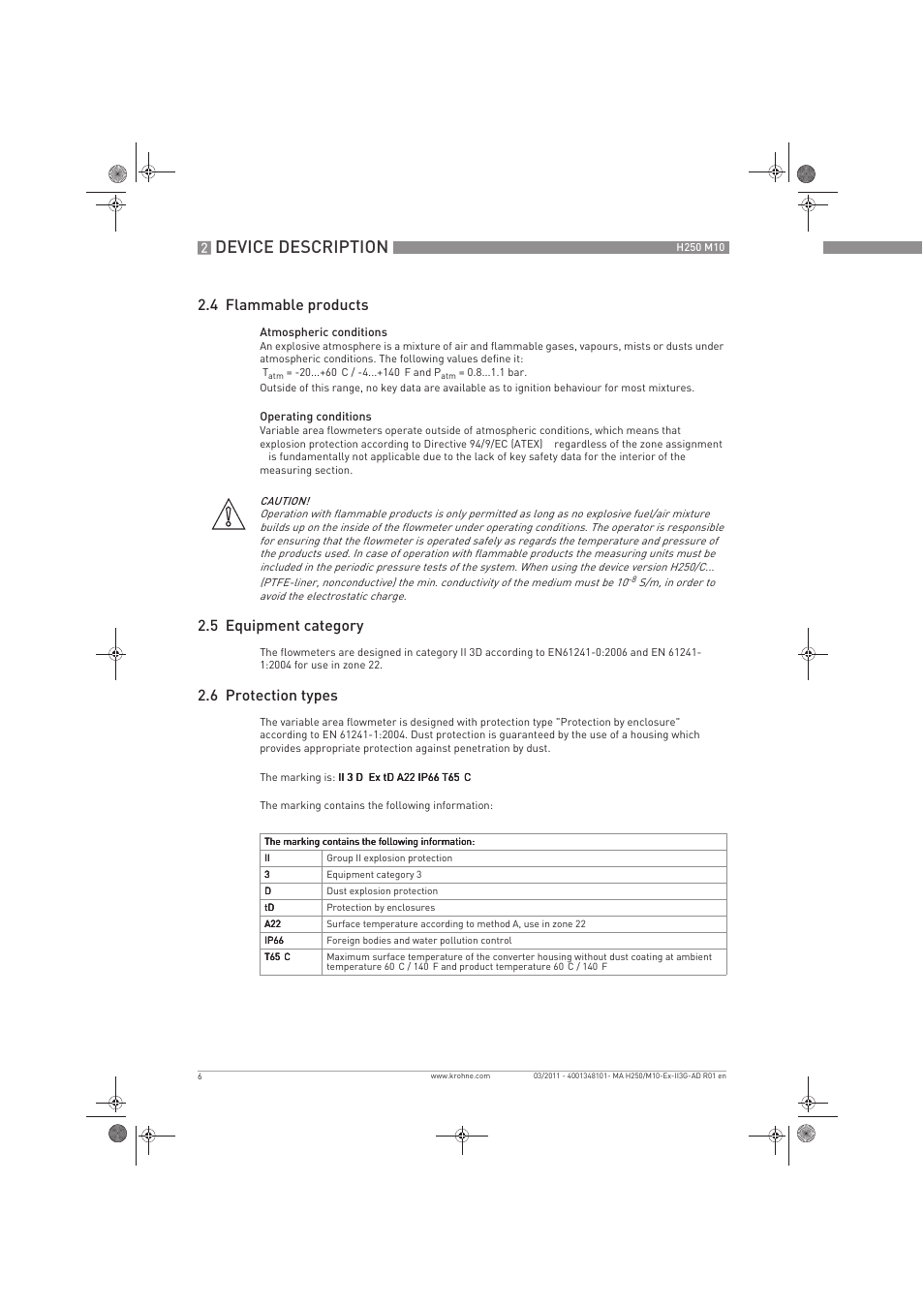 Device description, 4 flammable products, 5 equipment category | 6 protection types | KROHNE H250 M10 ATEX II3D Ex t EN User Manual | Page 6 / 16