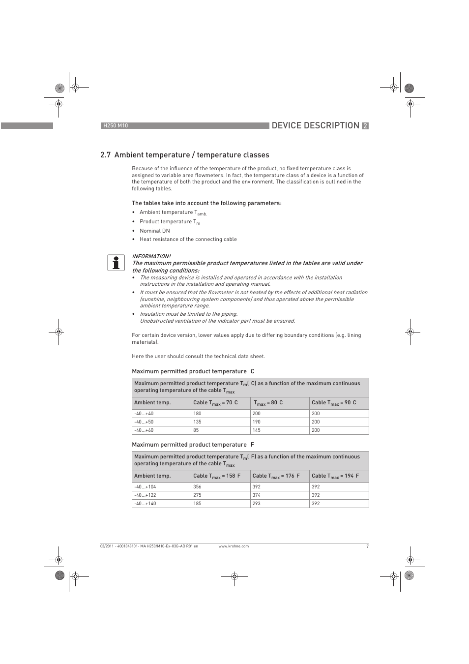 Device description, 7 ambient temperature / temperature classes | KROHNE H250 M10 ATEX II3D Ex t EN User Manual | Page 7 / 16