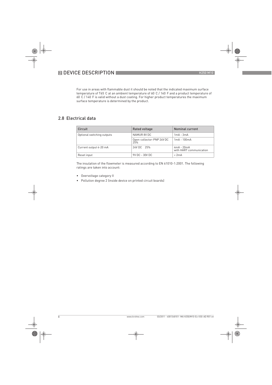 Device description, 8 electrical data | KROHNE H250 M10 ATEX II3D Ex t EN User Manual | Page 8 / 16