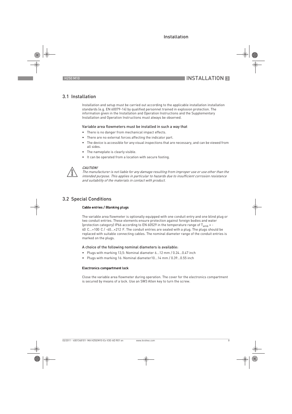 Installation, Installation 3.1 installation, 2 special conditions | KROHNE H250 M10 ATEX II3D Ex t EN User Manual | Page 9 / 16