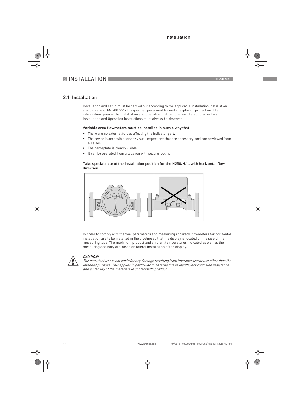 Installation, Installation 3.1 installation | KROHNE H250 M40 ATEX II2D Ex t-II2G Ex d EN User Manual | Page 12 / 20