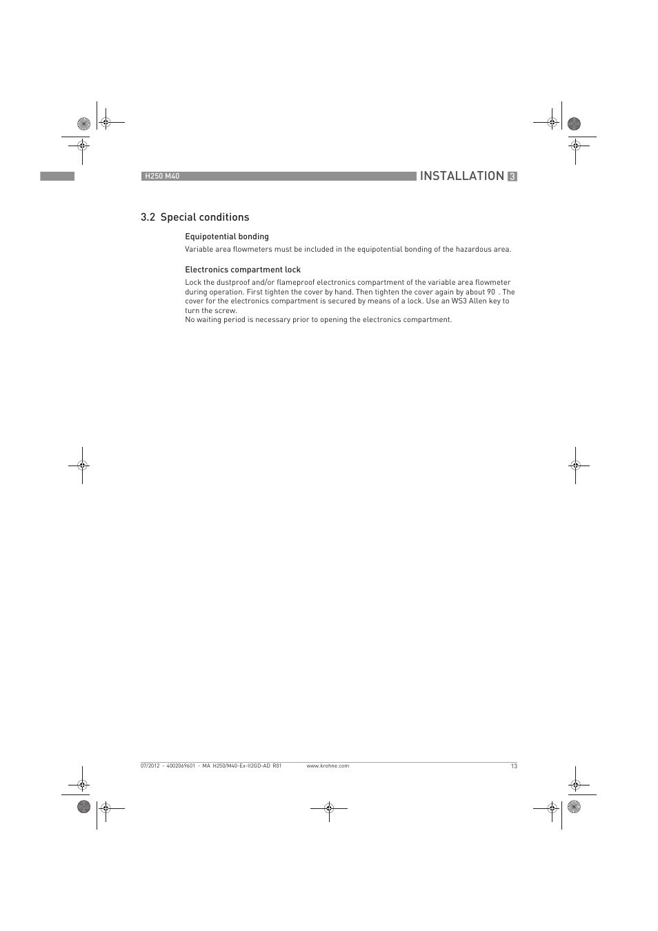 Installation, 2 special conditions | KROHNE H250 M40 ATEX II2D Ex t-II2G Ex d EN User Manual | Page 13 / 20