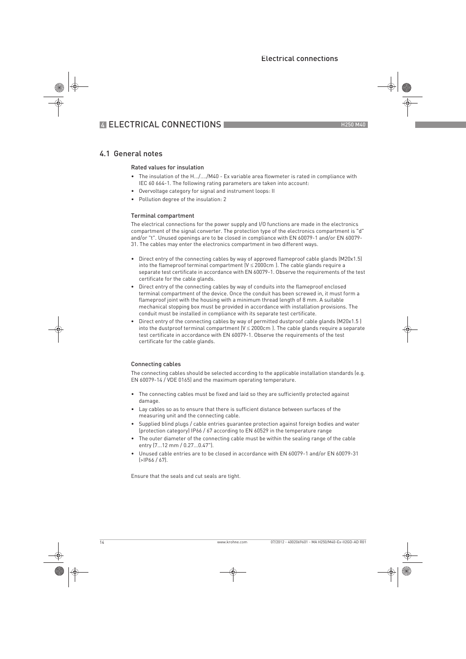 Electrical connections | KROHNE H250 M40 ATEX II2D Ex t-II2G Ex d EN User Manual | Page 14 / 20