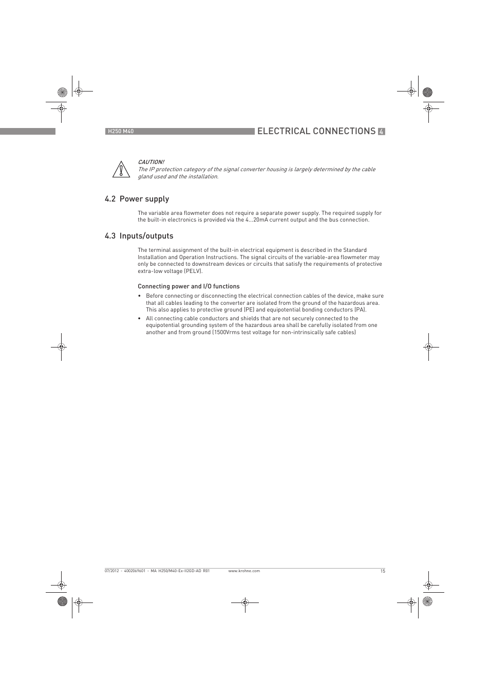 Electrical connections, 2 power supply, 3 inputs/outputs | KROHNE H250 M40 ATEX II2D Ex t-II2G Ex d EN User Manual | Page 15 / 20