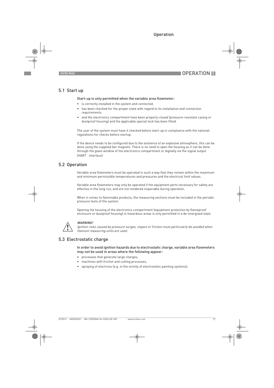 Operation, Operation 5.1 start up, 2 operation | 3 electrostatic charge | KROHNE H250 M40 ATEX II2D Ex t-II2G Ex d EN User Manual | Page 17 / 20