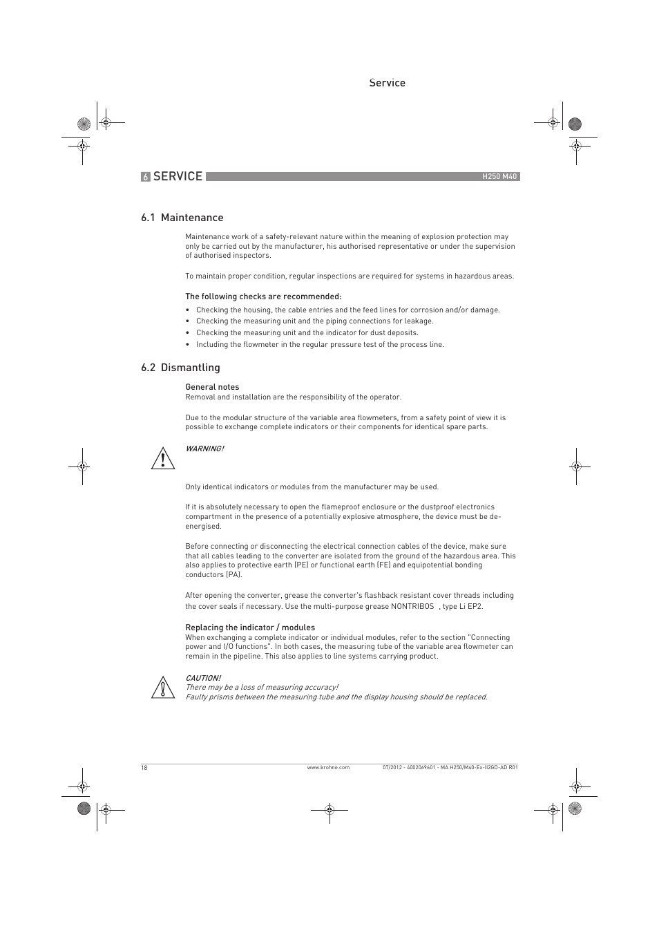 Service, Service 6.1 maintenance, 2 dismantling | KROHNE H250 M40 ATEX II2D Ex t-II2G Ex d EN User Manual | Page 18 / 20