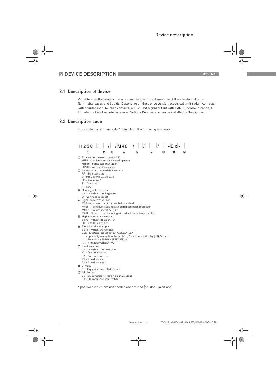 Device description, Device description 2.1 description of device, 2 description code | KROHNE H250 M40 ATEX II2D Ex t-II2G Ex d EN User Manual | Page 4 / 20