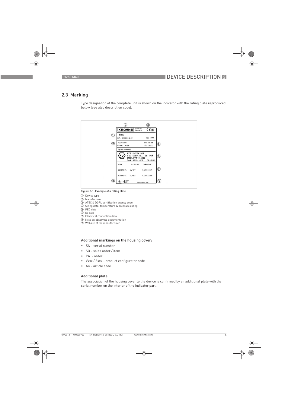 Device description, 3 marking | KROHNE H250 M40 ATEX II2D Ex t-II2G Ex d EN User Manual | Page 5 / 20