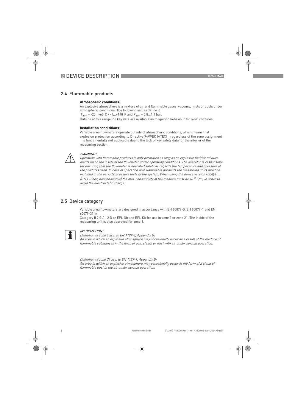 Device description, 4 flammable products, 5 device category | KROHNE H250 M40 ATEX II2D Ex t-II2G Ex d EN User Manual | Page 6 / 20