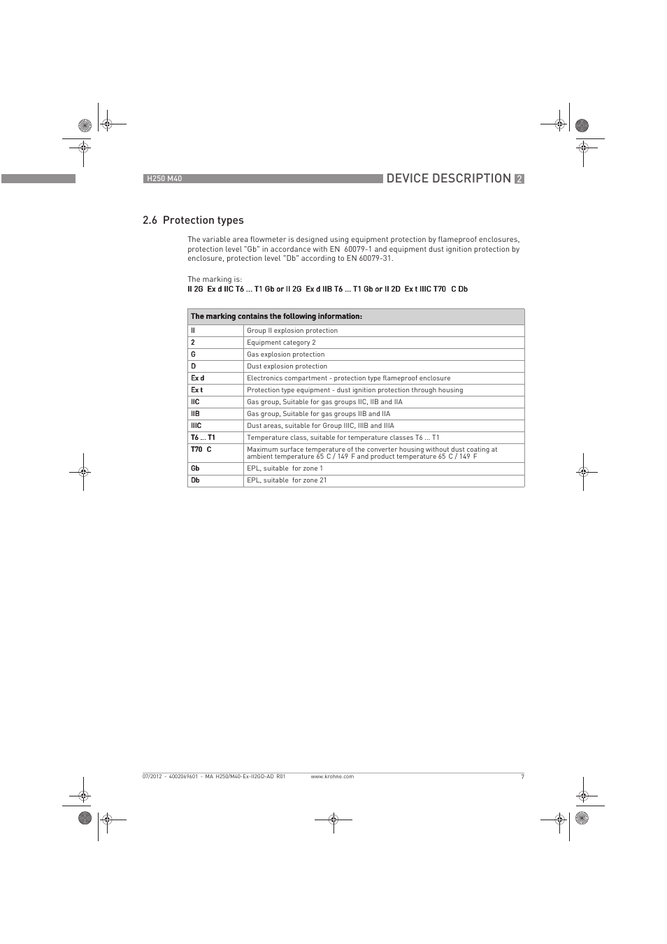 Device description, 6 protection types | KROHNE H250 M40 ATEX II2D Ex t-II2G Ex d EN User Manual | Page 7 / 20