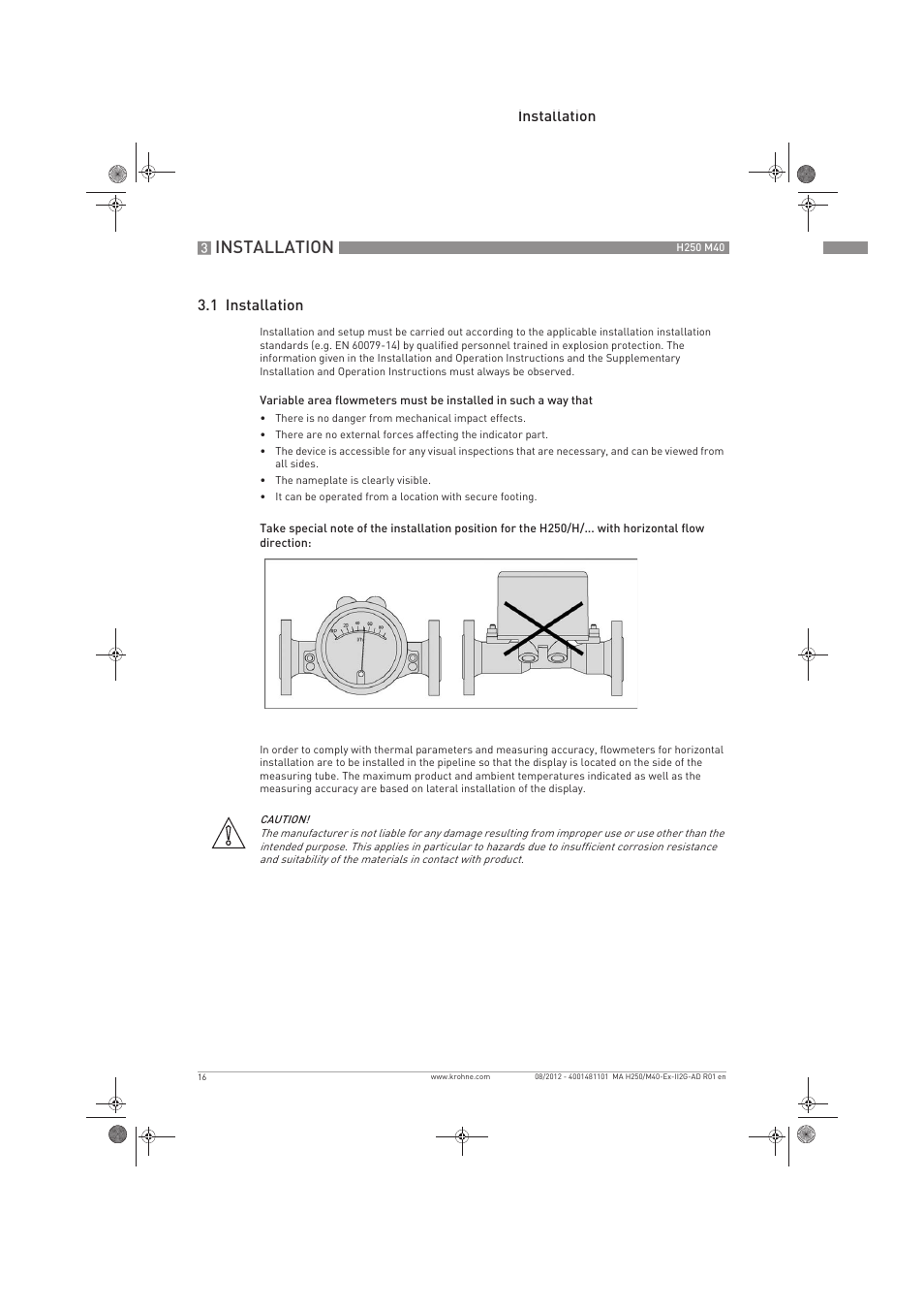 Installation, Installation 3.1 installation | KROHNE H250 M40 ATEX II2G Ex i EN User Manual | Page 16 / 20