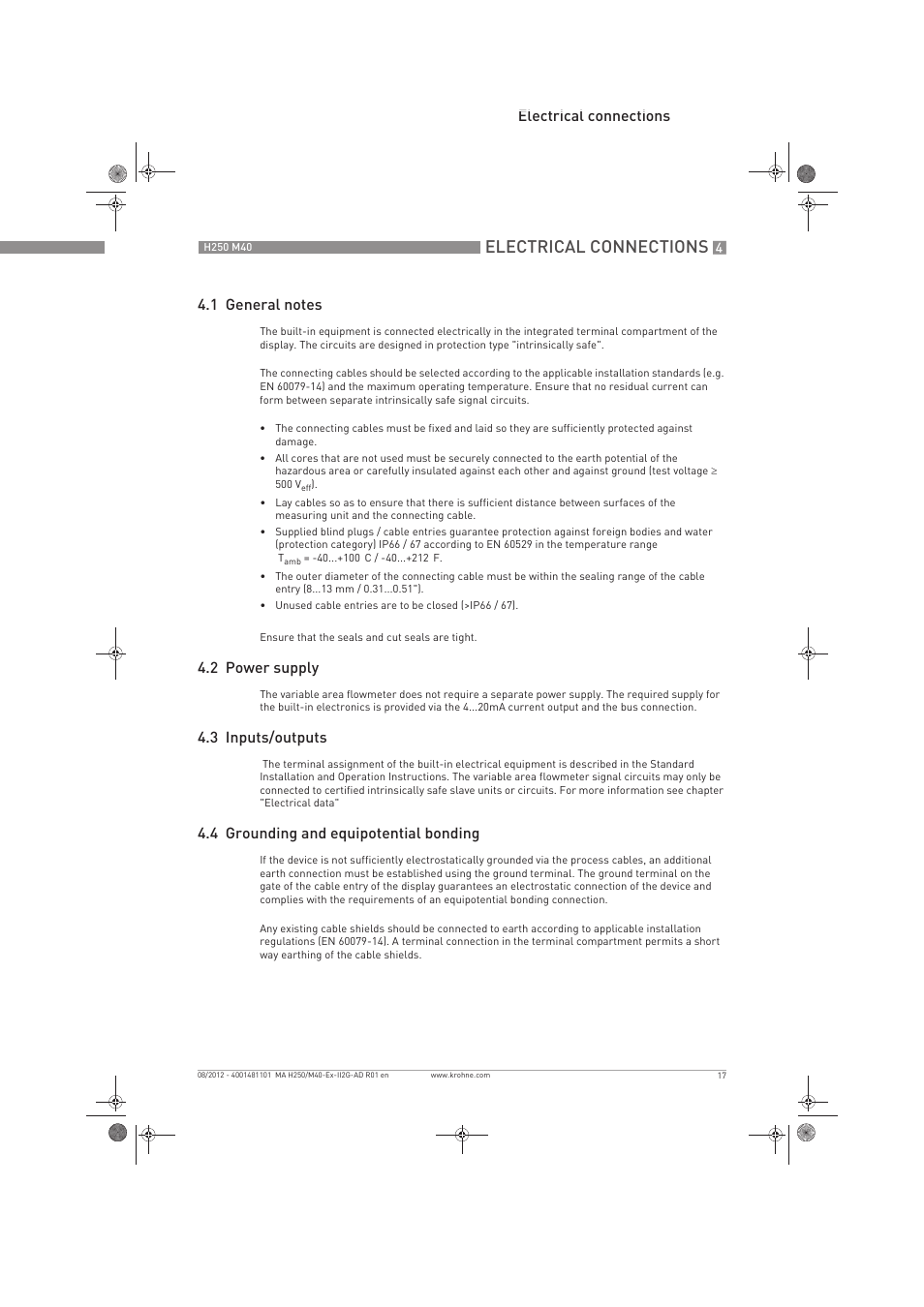 Electrical connections, 2 power supply, 3 inputs/outputs | 4 grounding and equipotential bonding | KROHNE H250 M40 ATEX II2G Ex i EN User Manual | Page 17 / 20