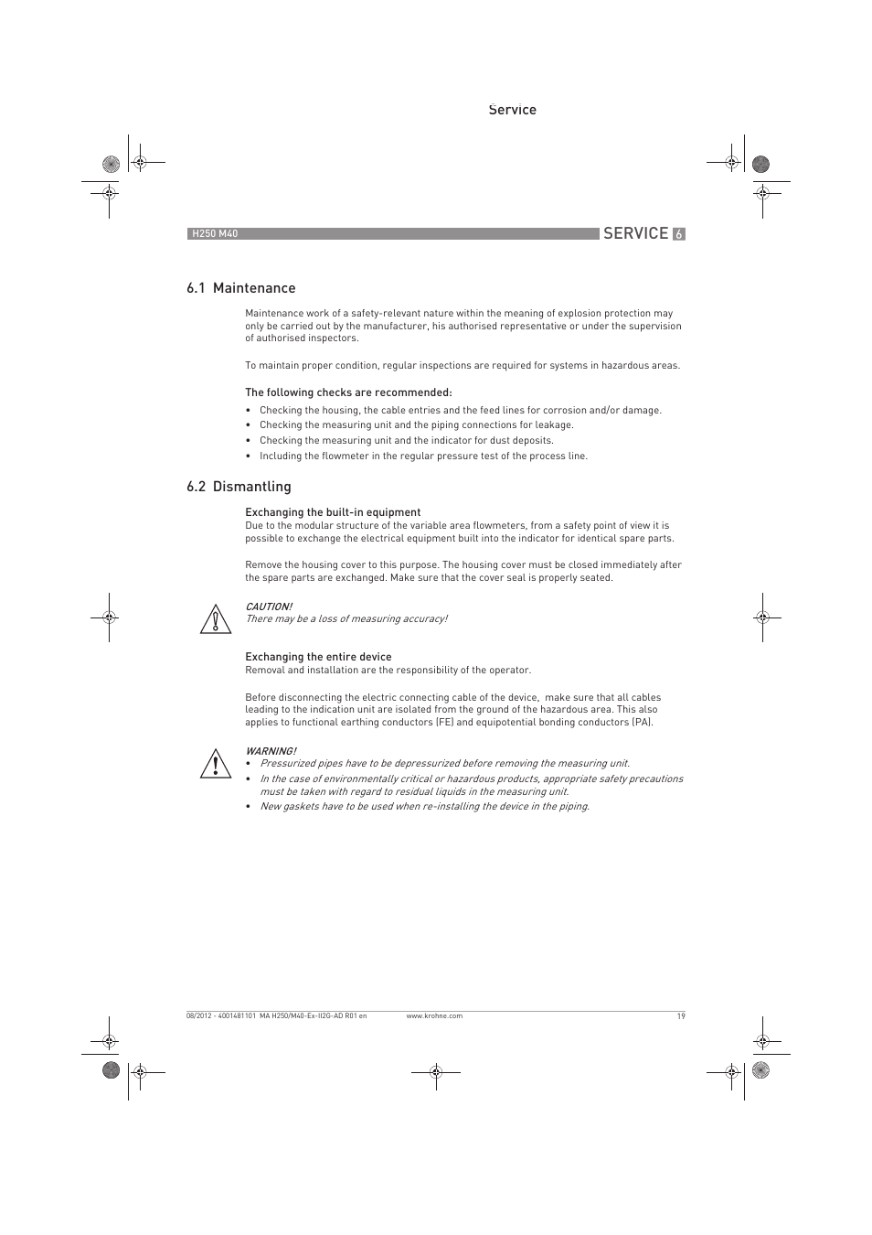 Service, Service 6.1 maintenance, 2 dismantling | KROHNE H250 M40 ATEX II2G Ex i EN User Manual | Page 19 / 20