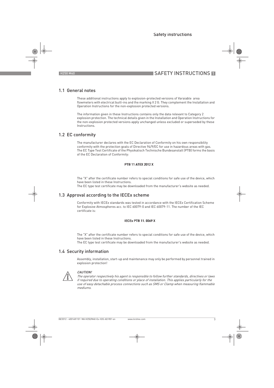 Safety instructions | KROHNE H250 M40 ATEX II2G Ex i EN User Manual | Page 3 / 20