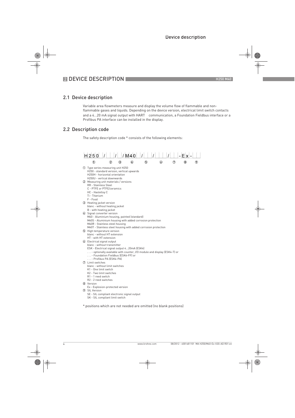 Device description, Device description 2.1 device description, 2 description code | KROHNE H250 M40 ATEX II2G Ex i EN User Manual | Page 4 / 20