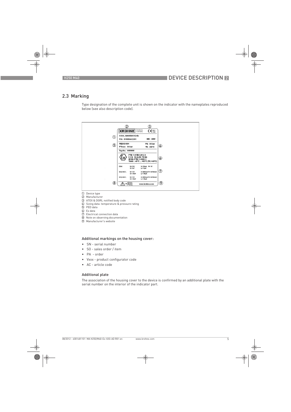 Device description, 3 marking | KROHNE H250 M40 ATEX II2G Ex i EN User Manual | Page 5 / 20