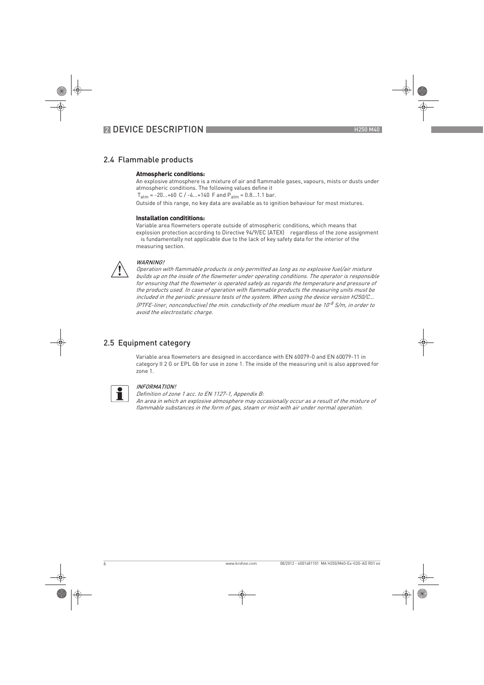 Device description, 4 flammable products, 5 equipment category | KROHNE H250 M40 ATEX II2G Ex i EN User Manual | Page 6 / 20