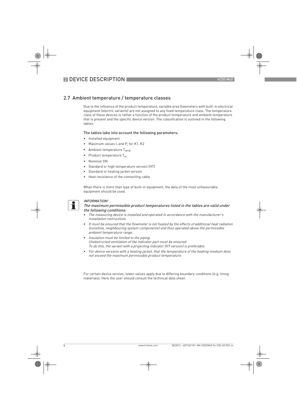 Device description, 7 ambient temperature / temperature classes | KROHNE H250 M40 ATEX II2G Ex i EN User Manual | Page 8 / 20