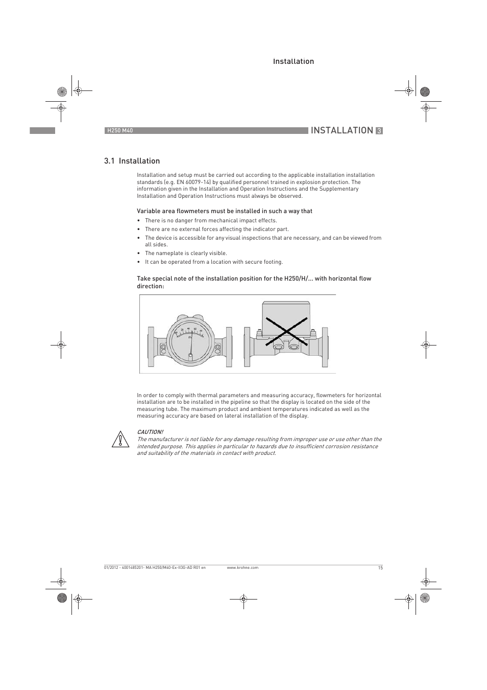 Installation, Installation 3.1 installation | KROHNE H250 M40 ATEX II3G Ex nA EN User Manual | Page 15 / 20