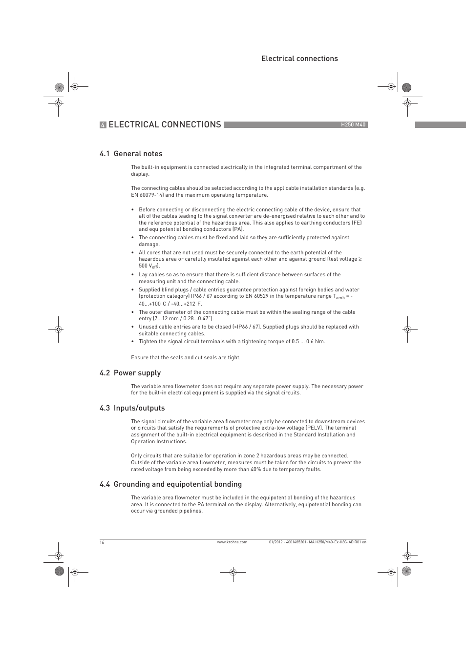 Electrical connections, 2 power supply, 3 inputs/outputs | 4 grounding and equipotential bonding | KROHNE H250 M40 ATEX II3G Ex nA EN User Manual | Page 16 / 20