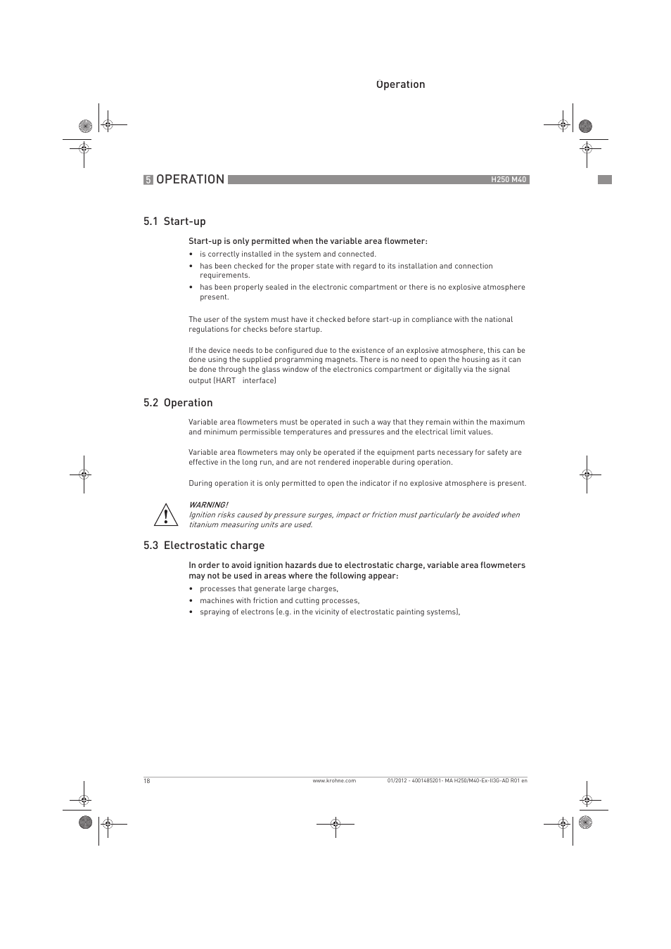 Operation, Operation 5.1 start-up, 2 operation | 3 electrostatic charge | KROHNE H250 M40 ATEX II3G Ex nA EN User Manual | Page 18 / 20