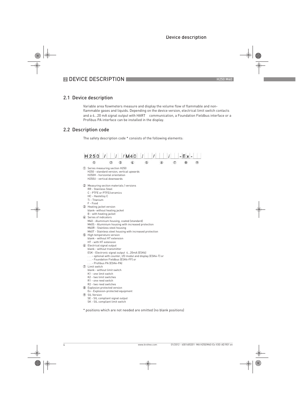 Device description, Device description 2.1 device description, 2 description code | KROHNE H250 M40 ATEX II3G Ex nA EN User Manual | Page 4 / 20