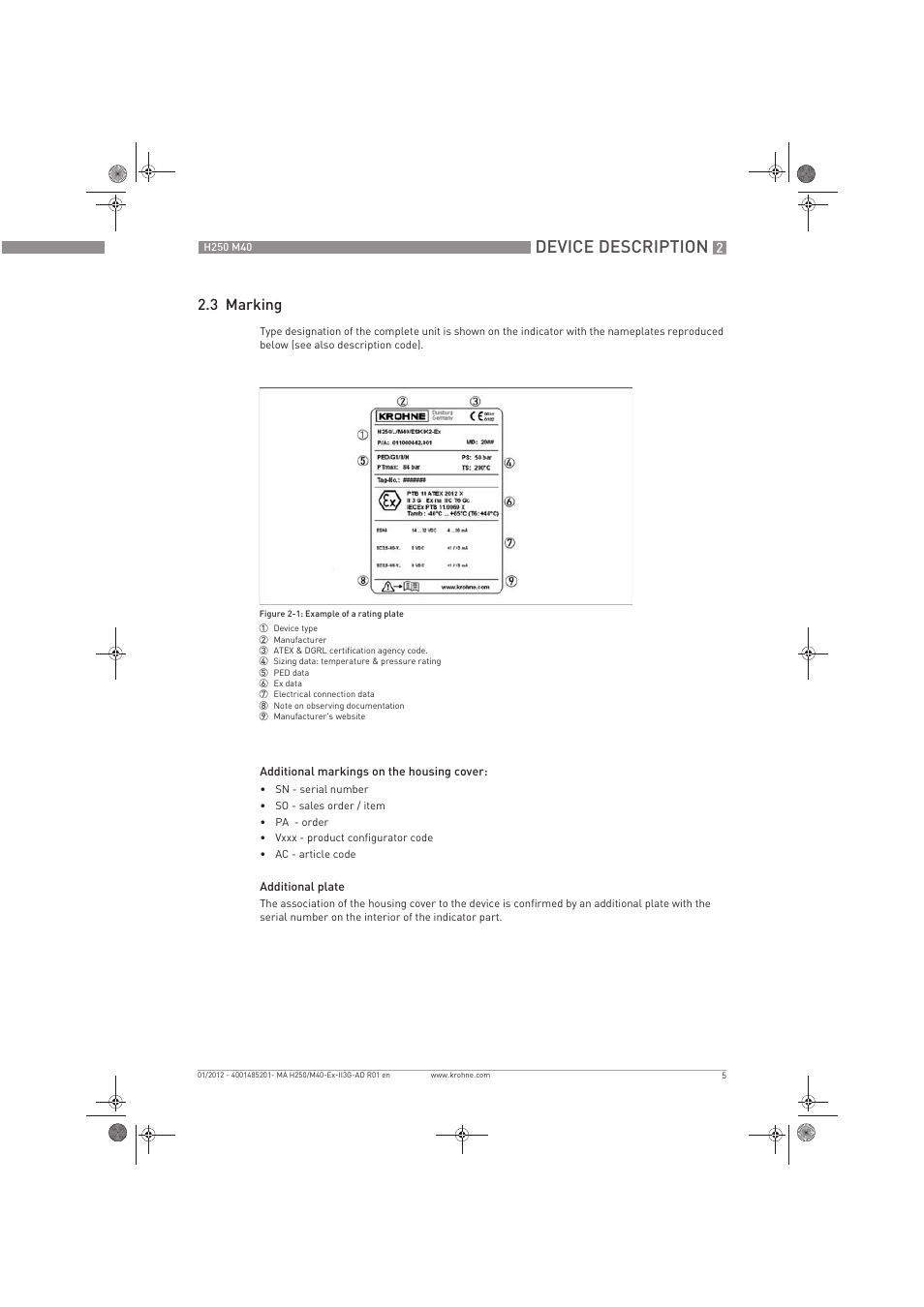 Device description, 3 marking | KROHNE H250 M40 ATEX II3G Ex nA EN User Manual | Page 5 / 20