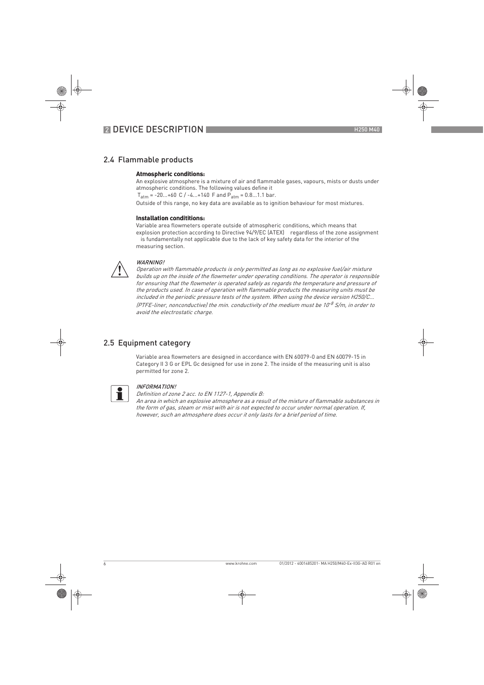 Device description, 4 flammable products, 5 equipment category | KROHNE H250 M40 ATEX II3G Ex nA EN User Manual | Page 6 / 20