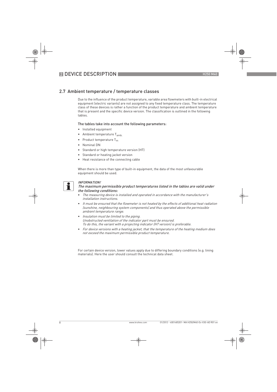 Device description, 7 ambient temperature / temperature classes | KROHNE H250 M40 ATEX II3G Ex nA EN User Manual | Page 8 / 20