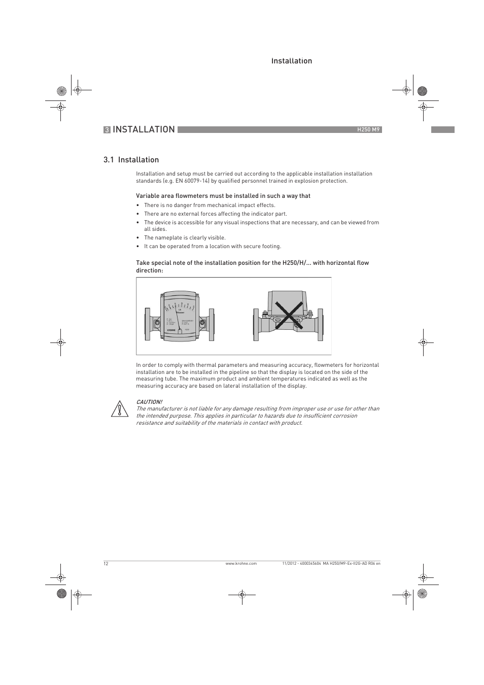 Installation, Installation 3.1 installation | KROHNE H250 M9 ATEX II2G Ex i EN User Manual | Page 12 / 16