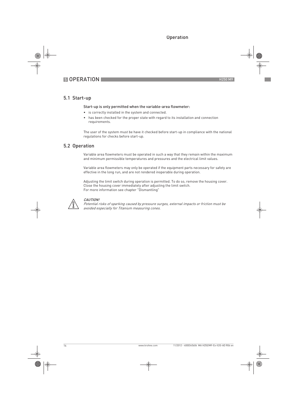 Operation, Operation 5.1 start-up, 2 operation | KROHNE H250 M9 ATEX II2G Ex i EN User Manual | Page 14 / 16