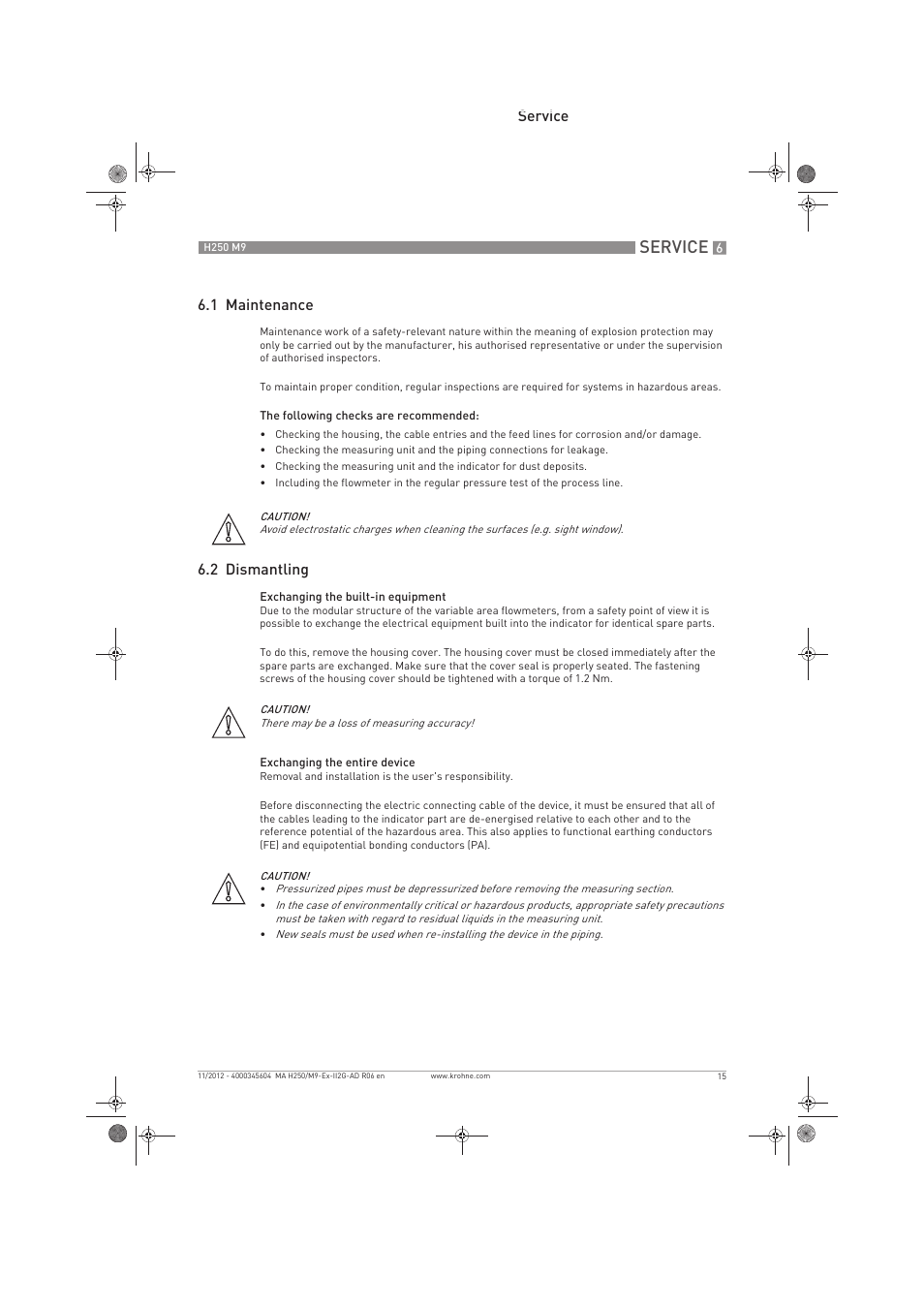 Service, Service 6.1 maintenance, 2 dismantling | KROHNE H250 M9 ATEX II2G Ex i EN User Manual | Page 15 / 16