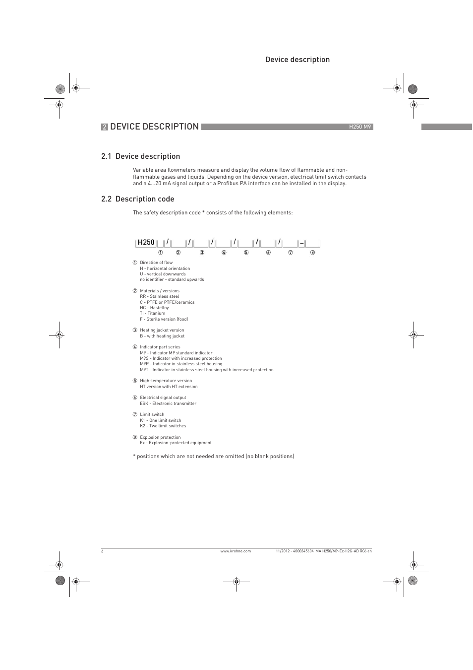 Device description, Device description 2.1 device description, 2 description code | KROHNE H250 M9 ATEX II2G Ex i EN User Manual | Page 4 / 16