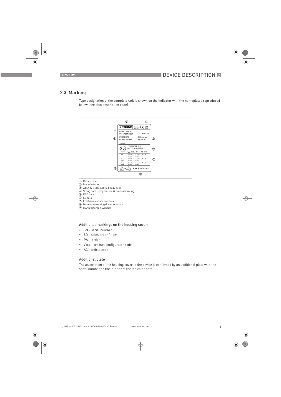 Device description, 3 marking | KROHNE H250 M9 ATEX II2G Ex i EN User Manual | Page 5 / 16