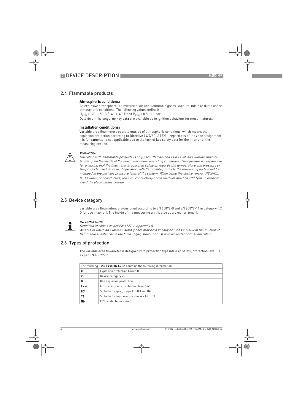 Device description, 4 flammable products, 5 device category | 6 types of protection | KROHNE H250 M9 ATEX II2G Ex i EN User Manual | Page 6 / 16