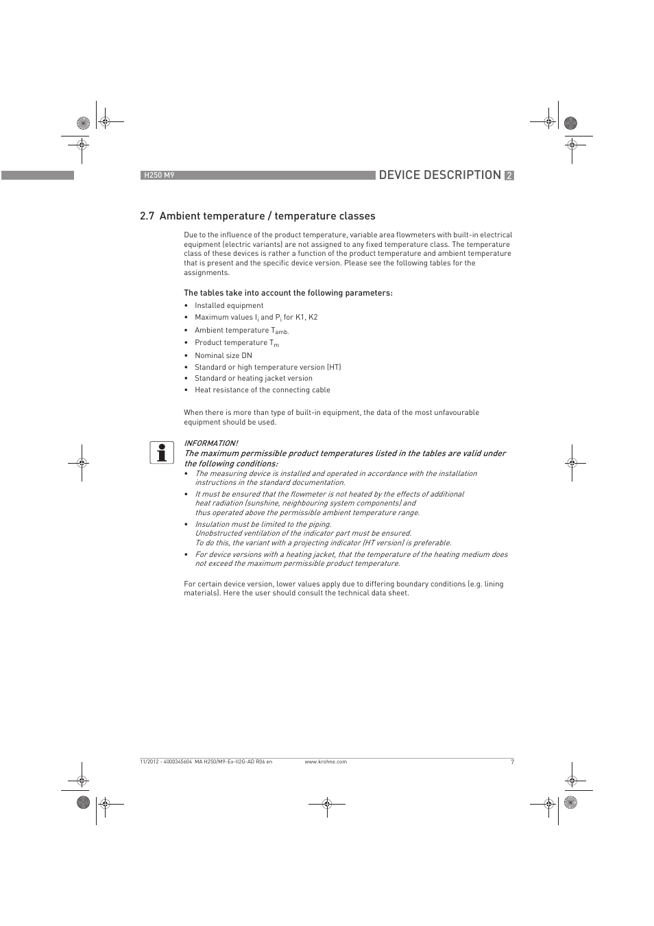 Device description, 7 ambient temperature / temperature classes | KROHNE H250 M9 ATEX II2G Ex i EN User Manual | Page 7 / 16