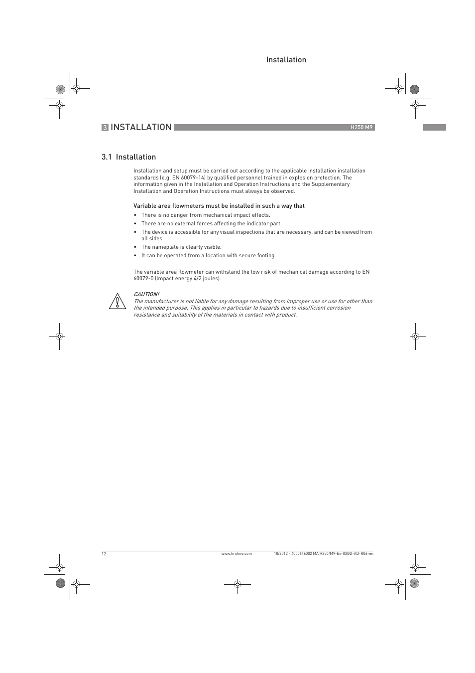 Installation, Installation 3.1 installation | KROHNE H250 M9S ATEX II3D Ex t-II3G Ex nA EN User Manual | Page 12 / 20