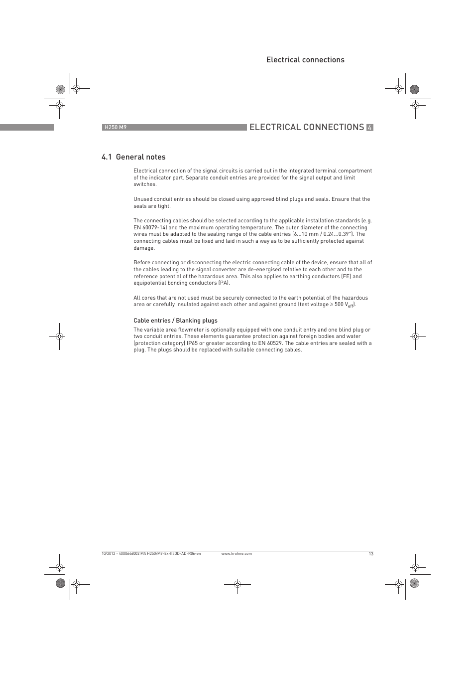 Electrical connections | KROHNE H250 M9S ATEX II3D Ex t-II3G Ex nA EN User Manual | Page 13 / 20