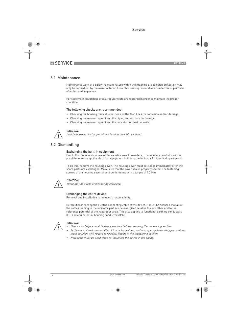 Service, Service 6.1 maintenance, 2 dismantling | KROHNE H250 M9S ATEX II3D Ex t-II3G Ex nA EN User Manual | Page 16 / 20