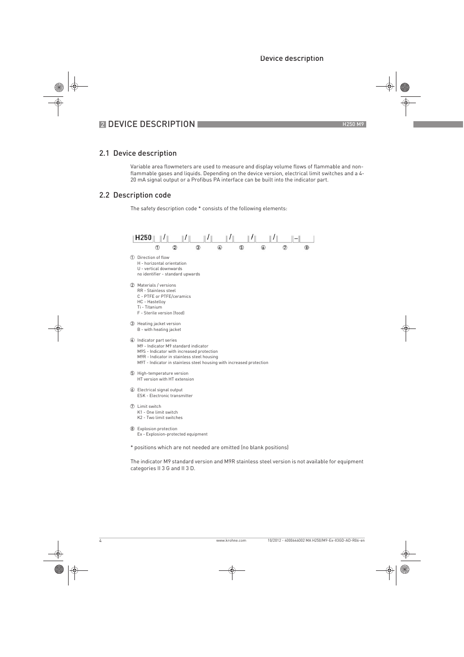 Device description, Device description 2.1 device description, 2 description code | KROHNE H250 M9S ATEX II3D Ex t-II3G Ex nA EN User Manual | Page 4 / 20