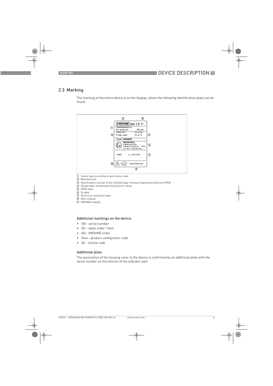 Device description, 3 marking | KROHNE H250 M9S ATEX II3D Ex t-II3G Ex nA EN User Manual | Page 5 / 20