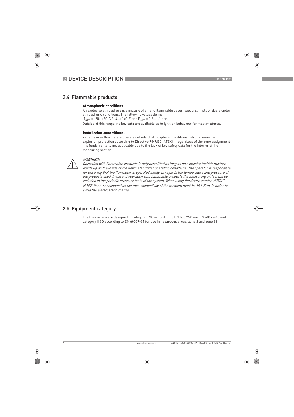 Device description, 4 flammable products, 5 equipment category | KROHNE H250 M9S ATEX II3D Ex t-II3G Ex nA EN User Manual | Page 6 / 20