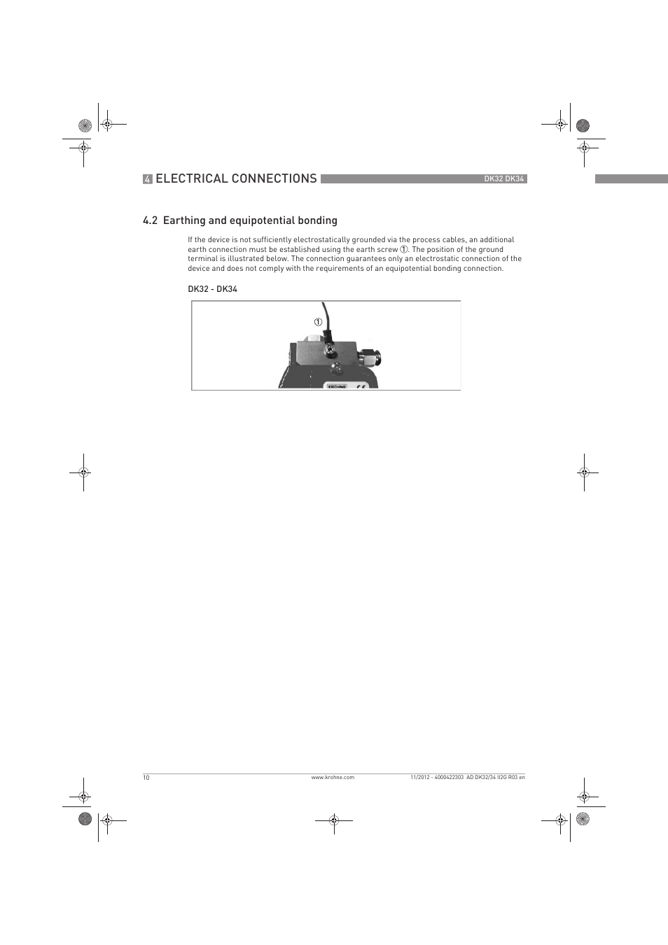 Electrical connections, 2 earthing and equipotential bonding | KROHNE DK 32-DK 34 ATEX II2G Ex i EN User Manual | Page 10 / 16