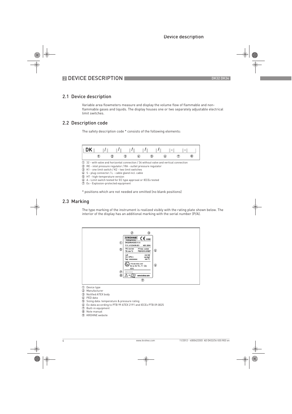 Device description, Device description 2.1 device description, 2 description code | 3 marking | KROHNE DK 32-DK 34 ATEX II2G Ex i EN User Manual | Page 4 / 16