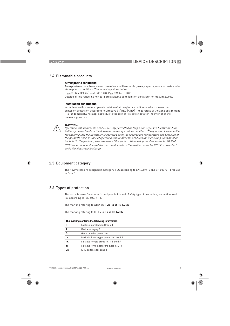 Device description, 4 flammable products, 5 equipment category | 6 types of protection | KROHNE DK 32-DK 34 ATEX II2G Ex i EN User Manual | Page 5 / 16