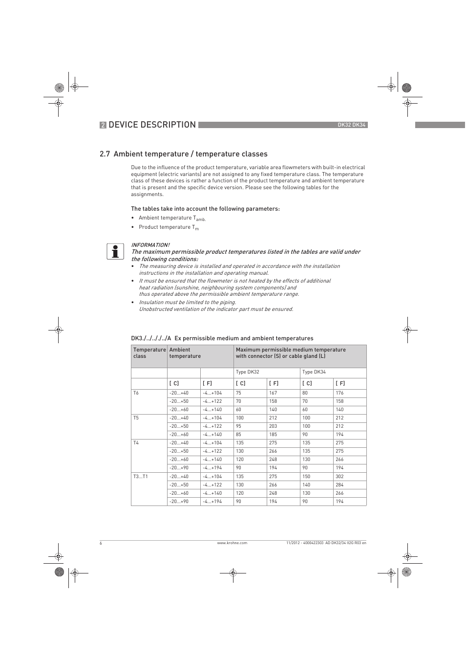 Device description, 7 ambient temperature / temperature classes | KROHNE DK 32-DK 34 ATEX II2G Ex i EN User Manual | Page 6 / 16