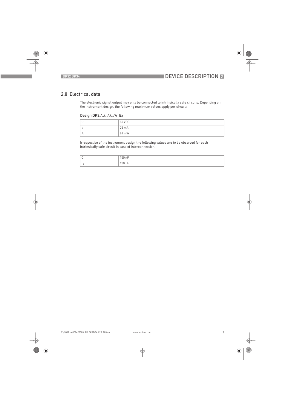 Device description, 8 electrical data | KROHNE DK 32-DK 34 ATEX II2G Ex i EN User Manual | Page 7 / 16