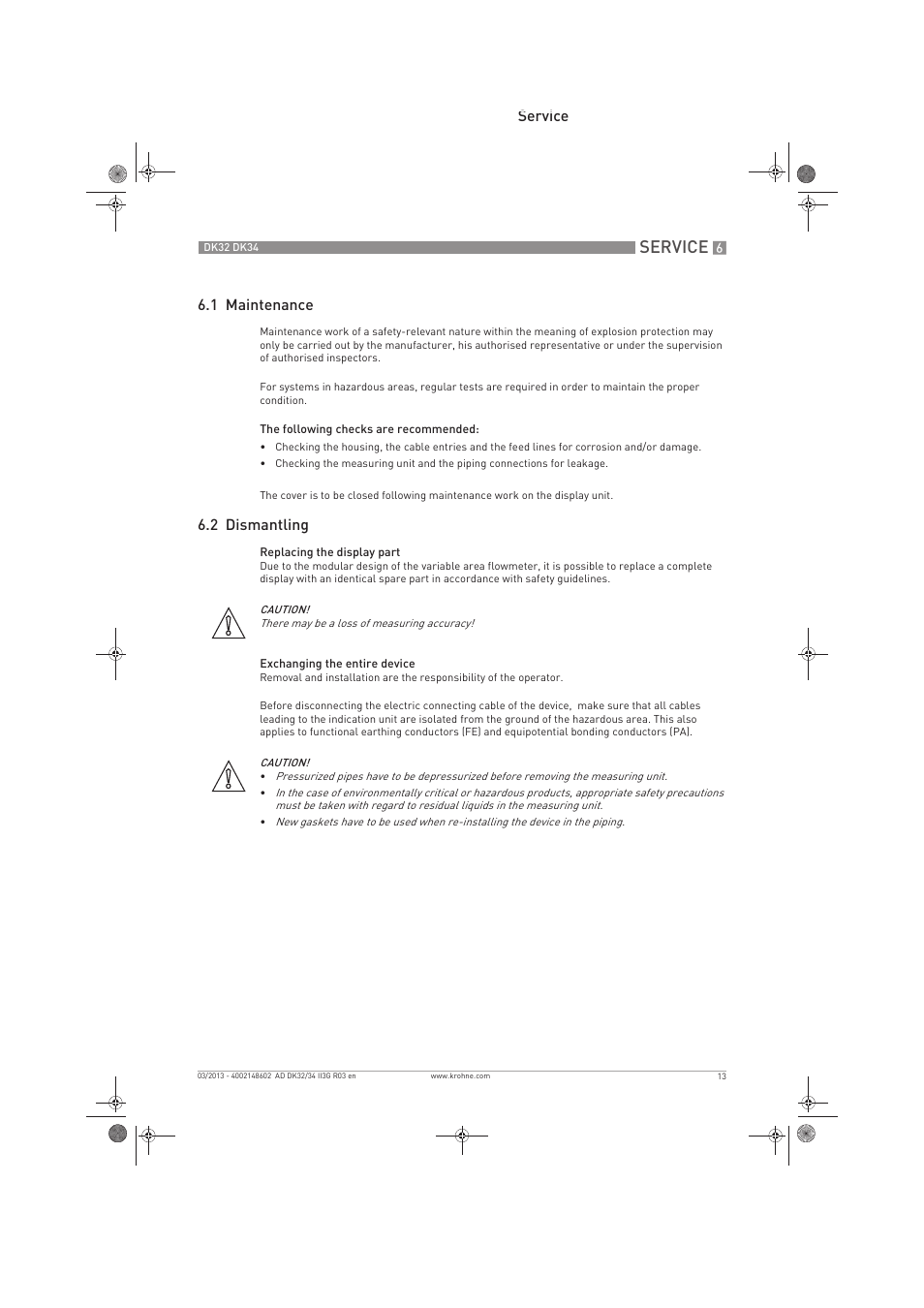 Service, Service 6.1 maintenance, 2 dismantling | KROHNE DK 32-DK 34 ATEX II3G Ex nA-ic EN User Manual | Page 13 / 16