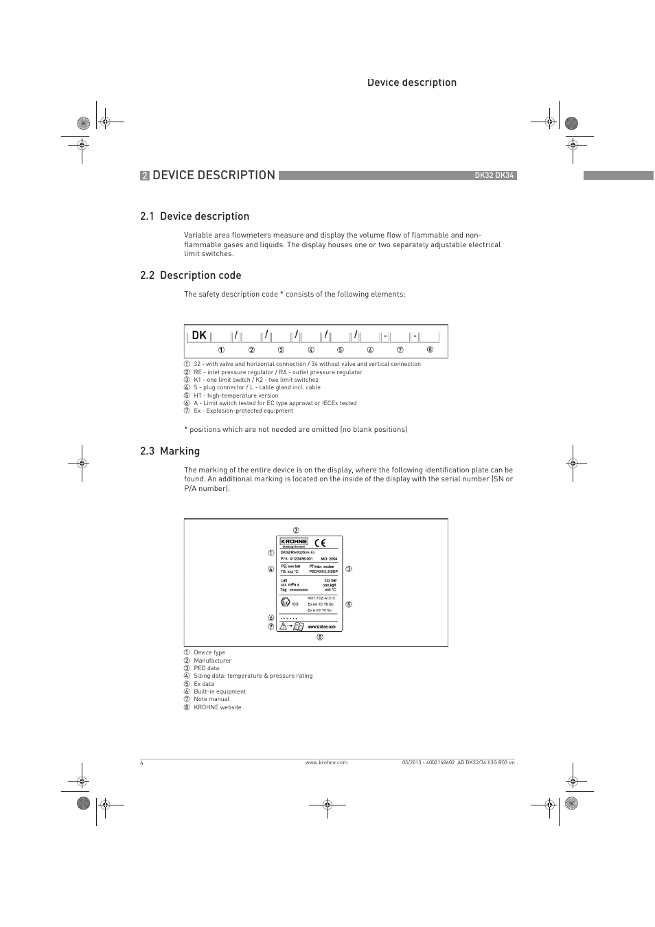 Device description, Device description 2.1 device description, 2 description code | 3 marking | KROHNE DK 32-DK 34 ATEX II3G Ex nA-ic EN User Manual | Page 4 / 16